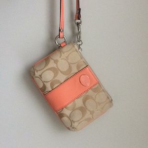 Coach logo and khaki/coral small wristlet